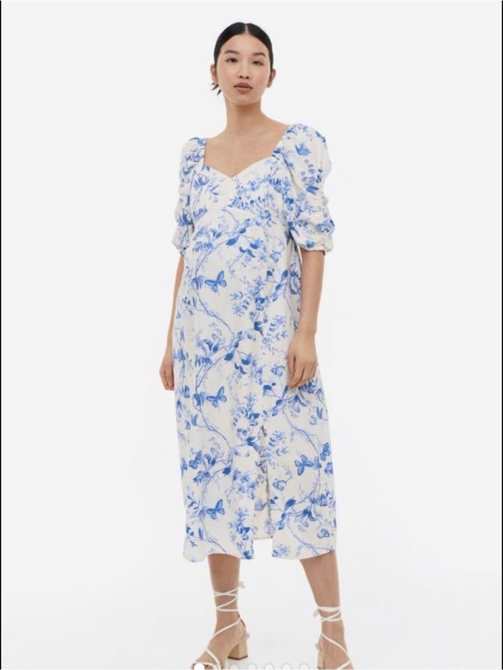 H&M Mama Maternite White Maternity Midi Dress with Blue Floral & Butterfly Print - Picture 2 of 7